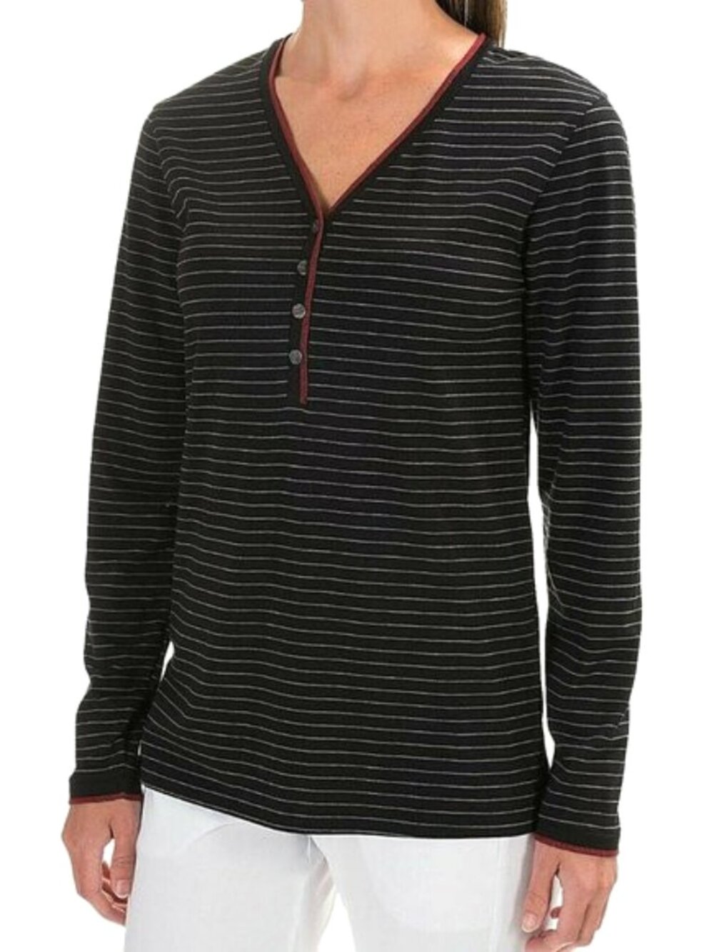 Naked Knit Henley Stripe Sleep Top M Black White Red Long Sleeve Stretch Cotton